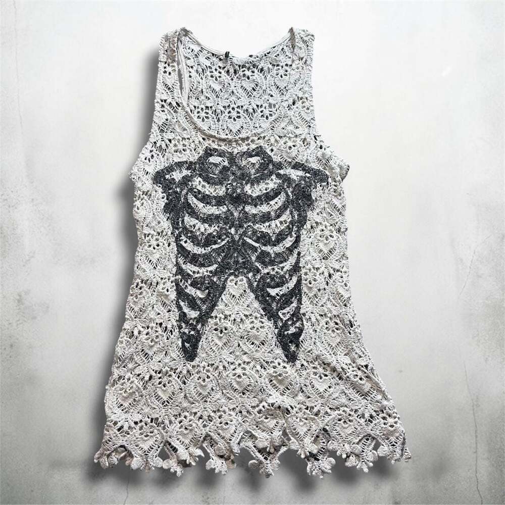 Hot Topic Cream Rib Cage Crocheted Tank Top
